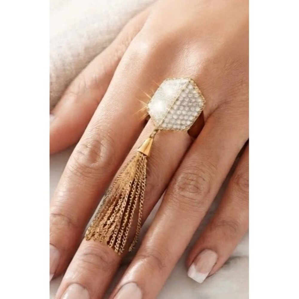 Vintage Gold Tone Pavé Rhinestone Geometric Statement Ring with Chain Tassel